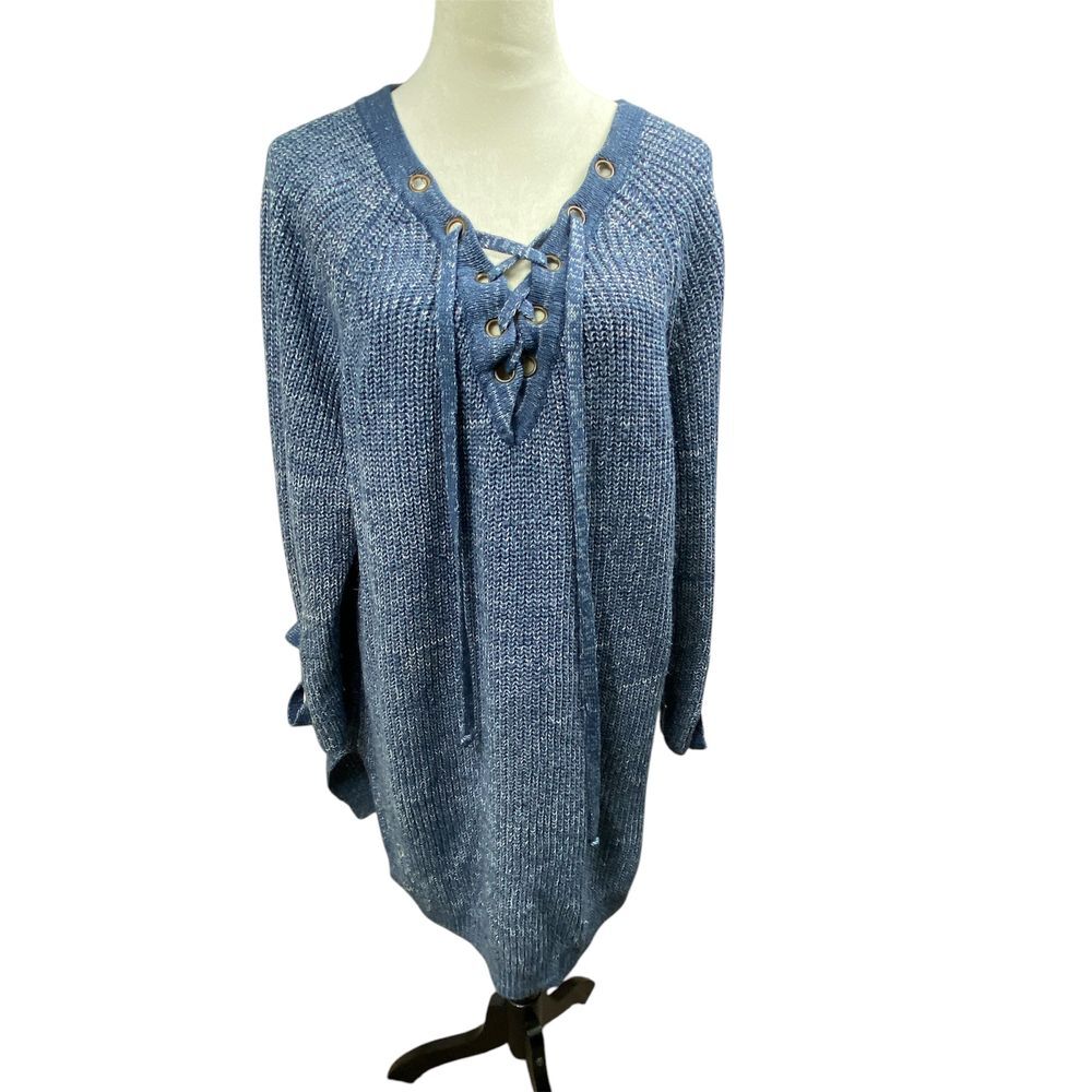 Love Brand Lace Up Chunky Knit Sweater Dress Blue Marled Long Sleeve Cozy 2XL